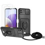 Zallagre için Samsung Galaxy A22 5G asmak için cep telefonu kılıfı,[2 adet Ekran Koruyucu],Slayt Kamera Kılıfı,Kart Yuvaları,Halka Tutucu Destek Standı,telefonu zinciri-Siyah