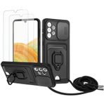 Zallagre için Samsung Galaxy A33 5G asmak için cep telefonu kılıfı,[2 adet Ekran Koruyucu],Slayt Kamera Kılıfı,Kart Yuvaları,Halka Tutucu Destek Standı,telefonu zinciri-Siyah