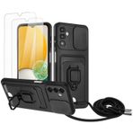 Zallagre için Samsung Galaxy A35 4G/5G asmak için cep telefonu kılıfı,[2 adet Ekran Koruyucu],Slayt Kamera Kılıfı,Kart Yuvaları,Halka Tutucu Destek Standı,telefonu zinciri-Siyah