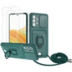 Zallagre için Samsung Galaxy A53 5G asmak için cep telefonu kılıfı,[2 adet Ekran Koruyucu],Slayt Kamera Kılıfı,Kart Yuvaları,Halka Tutucu Destek Standı,telefonu zinciri-Koyu yeşil