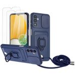 Zallagre için Samsung Galaxy A55 4G/5G asmak için cep telefonu kılıfı,[2 adet Ekran Koruyucu],Slayt Kamera Kılıfı,Kart Yuvaları,Halka Tutucu Destek Standı,telefonu zinciri-Deniz mavi