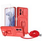 Zallagre için Xiaomi Mi 11T/11T Pro asmak için cep telefonu kılıfı,[2 adet Ekran Koruyucu],Slayt Kamera Kılıfı,Kart Yuvaları,Halka Tutucu Destek Standı,telefonu zinciri-Kırmızı