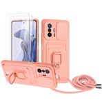 Zallagre için Xiaomi Mi 11T/11T Pro asmak için cep telefonu kılıfı,[2 adet Ekran Koruyucu],Slayt Kamera Kılıfı,Kart Yuvaları,Halka Tutucu Destek Standı,telefonu zinciri-Pembe