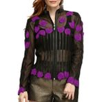 Zamback Güllü Şeritli Deri Aplikeli Kadın Korsaj Ceket - Mor - 2XL