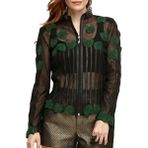 Zamback Güllü Şeritli Deri Aplikeli Kadın Korsaj Ceket - XL - Yeşil