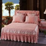 Zarif Kadife Yatak Eteği ve Valance Seti, 150-180 x 220 cm, Altın Nakış, Fırfırlı Pileli Tasarım, Yumuşak Pamuklu Yatak Örtüsü, Viyana Pembe Yeşim Çift Kişilik Yatak Yatağı.