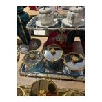 zaTen Pazar TEPSİLİ GÜL ÇERÇEVELİ GÜMÜŞ-GOLD KASE SETİ & ŞEKERLİK & SUNUMLUK & ÇEREZLİK 34 CM TEPSİ