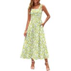 Zattcas Kadın 2025 yaz spagetti kayışı çiçek Maxi elbise cepler ile önlük dökümlü uzun plaj tatil Sundresses, Limon, M