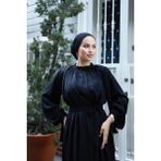 Zaure Kadın Tesettür Yakası Büzgülü Kolu Kurdelalı Elbise - 001 Siyah - 38 - 40