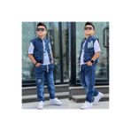 zavera for kids Erkek Çocuk Aplike Ve Cep Detaylı Kot Yelek - Baskılı T-shirt - Kargo Cepli Pantolon 3'lü Takım Bayramlık - %100 Pamuklu