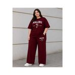 ZAVIXO Büyük Beden Malibu Baskılı İkili Takım Kadın Oversize Tişört Bol Paça Pantolon Bordo Rahat Günlük Eşofman Takımı