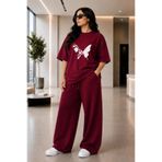 ZAVIXO Kadın Büyük Beden Oversize Kelebek Baskılı 2'li Eşofman Takımı Rahat Pamuklu Kalıp Günlük Streetwear Bordo XL 2XL 3XL 4XL 5XL 6XL 7XL 8XL 9XL