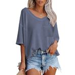Zeagoo Kadın bluz üst, yazlık bluz, waffle üst, şık üst parça, yuvarlak yaka, tunik yelek, bol, V yaka tişört, büyük beden Tank Top, Mavi, S