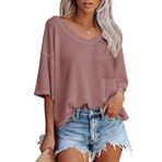 Zeagoo Kadın bluz üst, yazlık bluz, waffle üst, şık üst parça, yuvarlak yaka, tunik yelek, bol, V yaka tişört, büyük beden Tank Top, Puslu Pembe, M