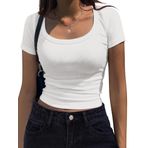 Zeagoo Kadın tişörtü, şık, basic tişört, kısa kollu, U yaka, açık üst, dar kesim, gündelik, tek renkli, streç gömlek, tunik, S-XXL, Beyaz, XXL