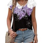 Zeagoo T Shirt Kadın V Yaka Kısa Kollu Bluz Üst Yaz Zarif Delikli Nakış Tişört Günlük Hafif Kanat Kollu Üst Bol Havadar Tank Top S-XXL, Lila Çiçekler-Sf42, L