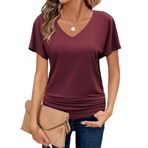 Zeagoo Tişört Kadın V Yaka Bluz Üst Kısa Kollu Zarif Tişört Günlük Yarasa Kollar Slim Fit Üst Giyim Hafif Yaz S-XXL, Weinrot, XL