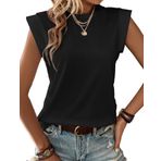Zeagoo Top Kadın Basic Tanktop Kolsuz Tişört Yaz Kep Kollar Top Bol Bluz Üst Yuvarlak Yaka Üst Parça Tek Renk Yelek, Siyah, XL