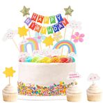 ZELAITE Gökkuşağı pasta dekorasyonu, doğum günü pastası, gökkuşağı pasta dekorasyonu, Happy Birthday pasta süsü, balon yıldızlar, pasta süsü, kız çocukları için doğum günü (A)