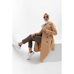Zeneva Collection Açık Bej - %100 Pamuk Uzun (110CM) Astarlı Kadın Tesettür Trençkot 1111-TES