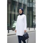 Zeneva Collection Beyaz Renk Geniş Manşetli %96 Pamuk Esnek Poplin Uzun Tunik Kadın Tesettür Gömlek 1160-TES
