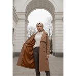 Zeneva Collection Koyu Bej - %100 Pamuk Uzun (110CM) Astarlı Kadın Tesettür Trençkot 1111-TES