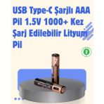 Zengezur USB Type-C Şarjlı Aaa Lityum Pil | 1.5V Sabit Voltaj, 1000+ Şarj Döngüsü ile Uzun Ömür - 1 Adet