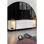 ZENİTH TV ÜNİTESİ RGB LED IŞIKLI GOLD DEMİR AYAKLI RAFLI DOLAPLI BEYAZ TV SEHPASI
