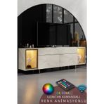 ZENİTH TV ÜNİTESİ RGB LED IŞIKLI GOLD DEMİR AYAKLI RAFLI DOLAPLI TRAVERTEN TV SEHPASI