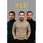 Zenvia Erkek Fitilli Kazak Tam Boğazlı Balıkçı Yaka Triko 3'lü Set Bej-Haki-Siyah - Renkli - Standart