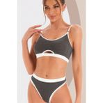 Zenvia Kadın Gri Antrasit Kaşkorse ve Beyaz Lastikli Cut-Out Tanga Külotlu Takım ZNV-IMD34 - L - XL