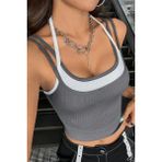 Zenvia Znva™ Kadın Antrasit Gri Beyaz Çift Renk Çapraz Askılı Crop Top Bluz - Antrasit - Gri - L - XL