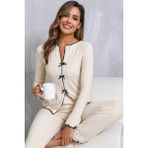 Zenvia Znva™ Kadın Ekru Fitilli Şık Pijama Takımı – Fiyonk Detaylı Rahat Ev Giyim Seti - M - L