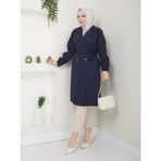 Zenya Moda Kadın Lacivert Lastik Kollu Trençkot - 46