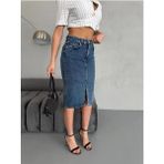 Zeo Basic Yırtmaçlı Midi Boy Likralı Jean Etek - Mavi - 34