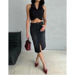 Zeo Basic Yırtmaçlı Midi Boy Likralı Jean Etek - Siyah - 36