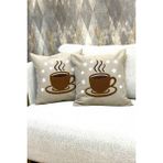 Zeora Home 2’li Dekoratif Pamuklu Kırlent Kılıfı Kahve Fincanı Punch Modern Bohem Etnik Salon Çift Katlı Kumaş - 45 × 45 cm - Bej - Kahverengi