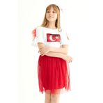 zepkids Bisiklet Yaka Kısa Kol Türk Bayrağı Pullu Beyaz Kırmızı Renk Kız Çocuk Etekli Takım
