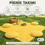 Zeren Home Keten Sıvı Geçirmez Puantiyeli Piknik Seti 4 Minderli Piknik Masa Örtüsü Bahçe Kamp Takımı (Sarı)