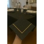 Zeren Home Piko Gold Sarma Detaylı Polyester Keten Dertsiz Masa Örtüsü Simli Siyah, 150 x 260