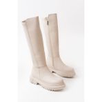 Zerenyus Knee-High Premium Bej Arkası Streç Fermuarlı Kadın Çizme