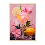 Zestia Ahşap Çerçeveli Tablo, Pembe Arka Plan Limonlu İçecek Çizimi, Mutfak Dekoru Poster No: 113370 30 x 40