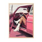 Zestia Ahşap Çerçeveli Tablo, Pembe Retro Araba ve Kadın, Genç Odası Dekoru Poster No: 113729 30 x 40