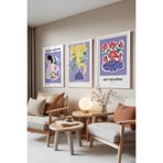 Zestia Beyaz Çerçeveli 3’lü Tablo Seti Bohem Çiçek & Portre Tasarım – Salon Set 30138, 50 x 70