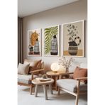 Zestia Beyaz Çerçeveli 3’lü Tablo Seti Vazo ve Yaprak – Boho Tarz Oturma Odası Set 30065, 50 x 70