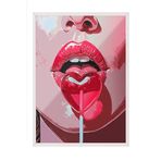 Zestia Beyaz Çerçeveli Tablo, Kırmızı Dudak ve Lolipop – Pop Art, Genç Odası Dekoru Poster No: 112984 30 x 40