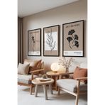Zestia Siyah Çerçeveli 3’lü Tablo Seti Kuru Çiçek ve Yaprak Desenleri Oturma Odası Set 30035, 30 x 40