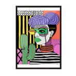 Zestia Siyah Çerçeveli Tablo, Kadın Portresi, Kaktüsler ve Geometri, Dijital Pop Art Poster No: 106585 21 x 30