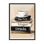 Zestia Siyah Çerçeveli Tablo, Kahve ve Kitaplar, Vogue & Prada Detaylı, Akrilik Boya Poster No: 106132 70 x 100