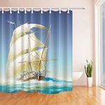 Zethome Banyo Perdesi 1x120x200 Tek Kanat Duş Perdesi Halka Hediyeli Duşakabin Perdesi Sail Boat Mavi